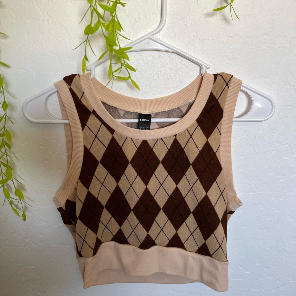 Tan and Brown Fitted Argyle Tank Top